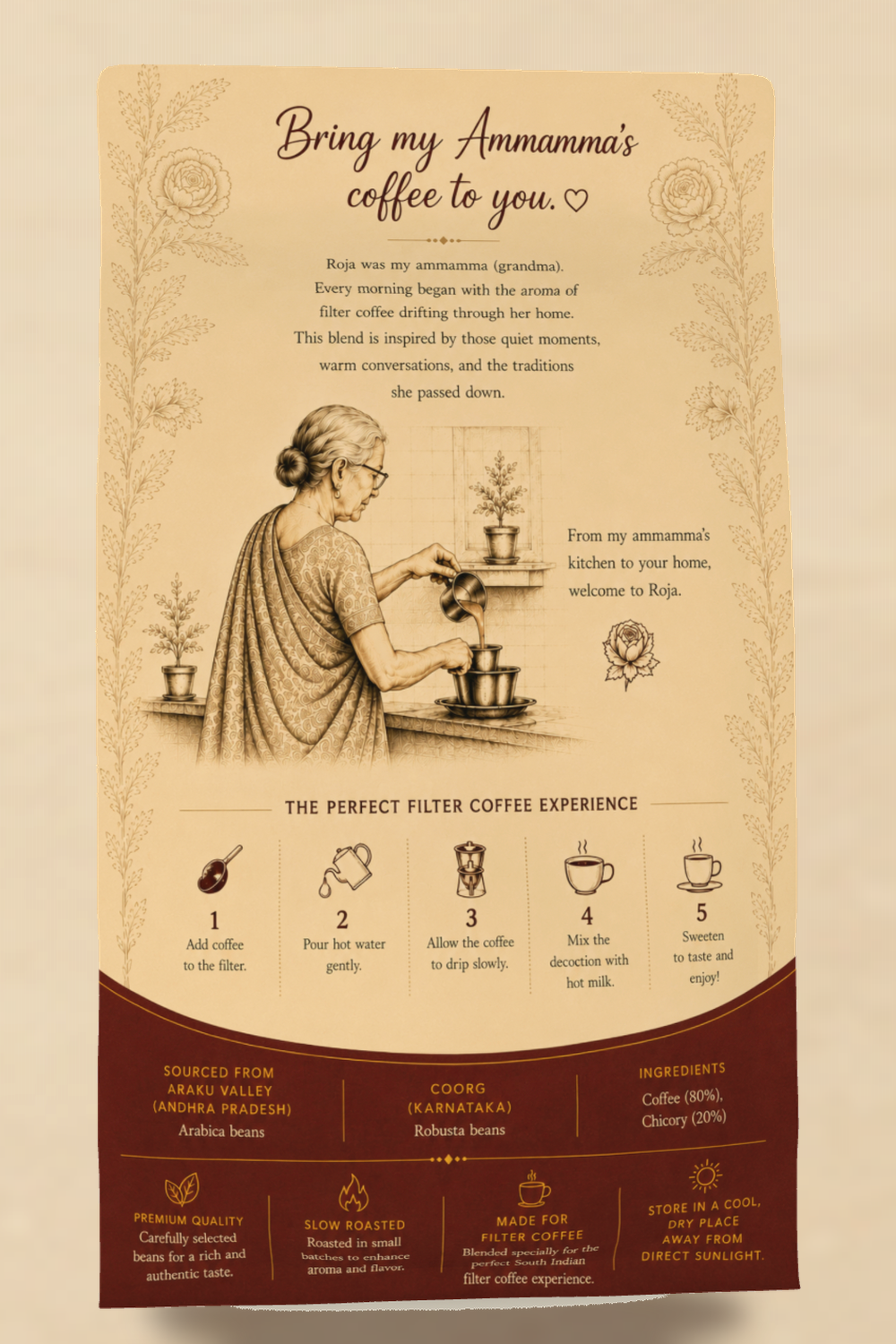 Roja Classic Blend bag — back, featuring ammamma pouring filter coffee
