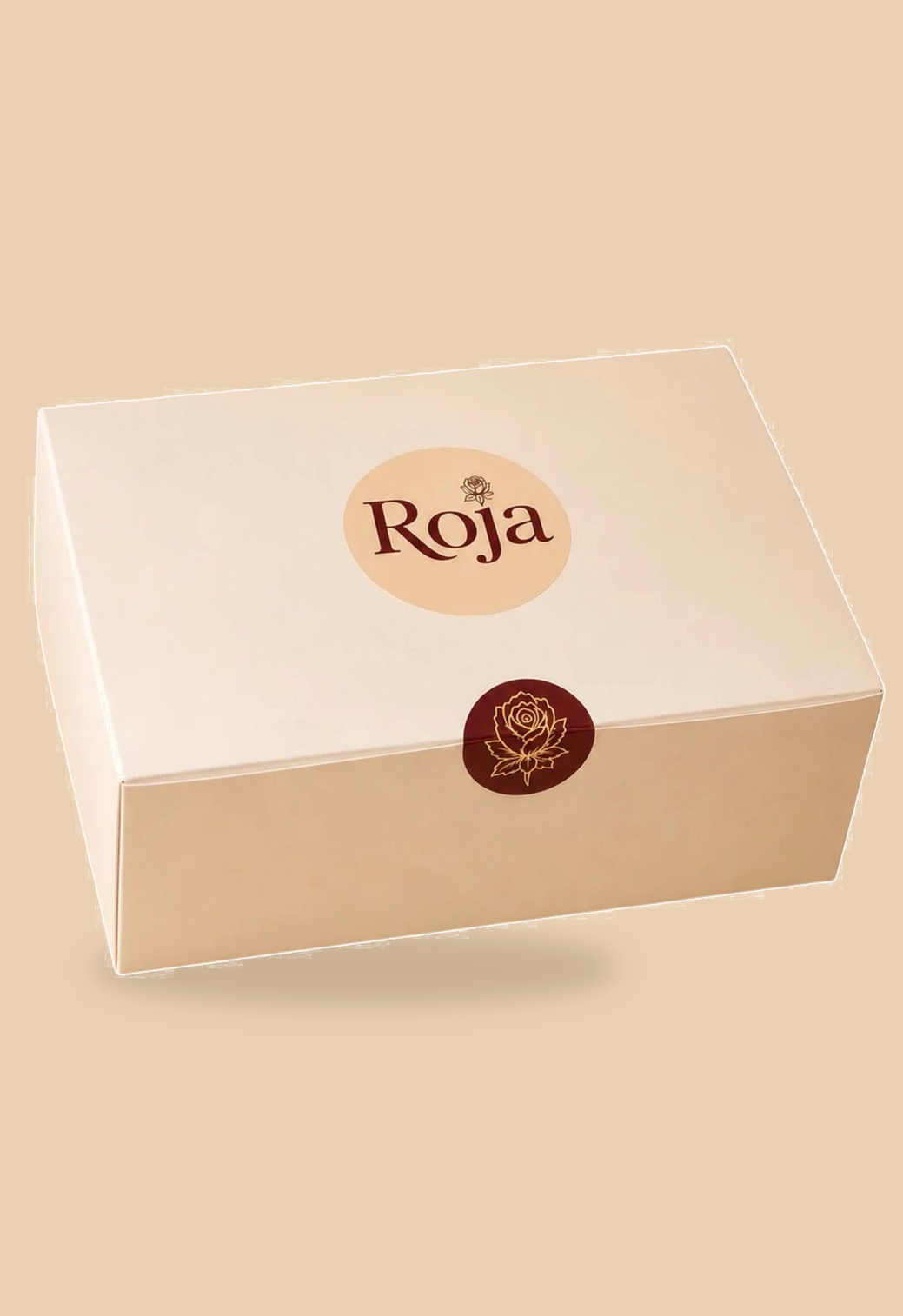 Roja gift box, closed, with a Roja label and rose seal