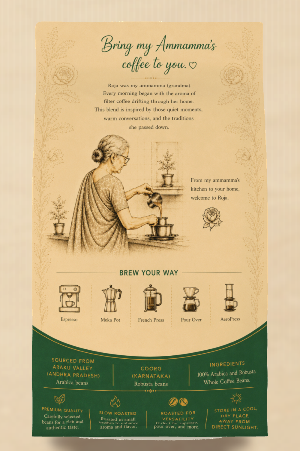Roja Heritage Roast bag — back, featuring ammamma pouring filter coffee