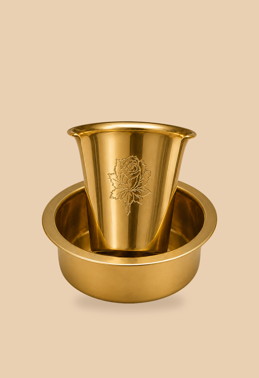 Roja brass tumbler and davara set, engraved with a rose motif